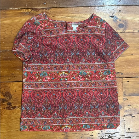 J Crew Red and Brown Paisley Blouse Short Sleeve size medium - Picture 1 of 9